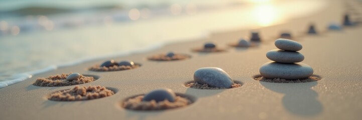 Tranquil shoreline scene with neatly arranged stones and sand patterns, capturing the serene beauty of nature at sunset.