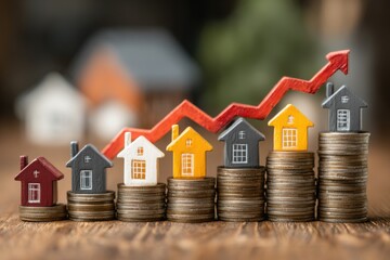 Rising Home Prices: Miniature Houses on Coin Stacks with Upward Red Arrow - Real Estate Investment Photography on Wood Surface with Blurred Background