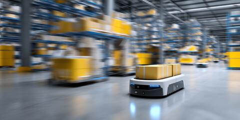 Automated guided vehicle carrying cardboard boxes in a warehouse, motion blur showcasing fast-paced logistics, representing efficiency and modern technology in supply chain management