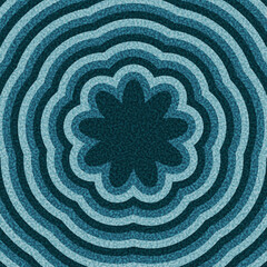 Stylized dark teal flower in the center of layered blue ripple patterns. Vector illustration with a cool tone.