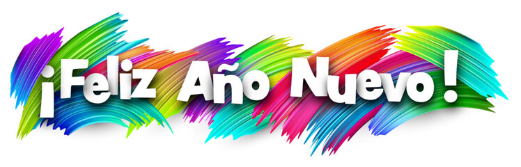 Vector illustration of the Spanish phrase for Happy New Year with vibrant rainbow brush strokes. Spanish language holiday concept.