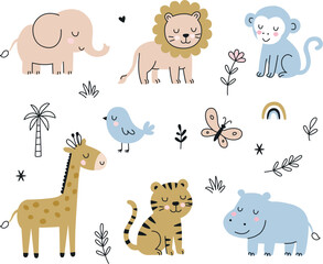 Set of wild animals with blue and golden colors