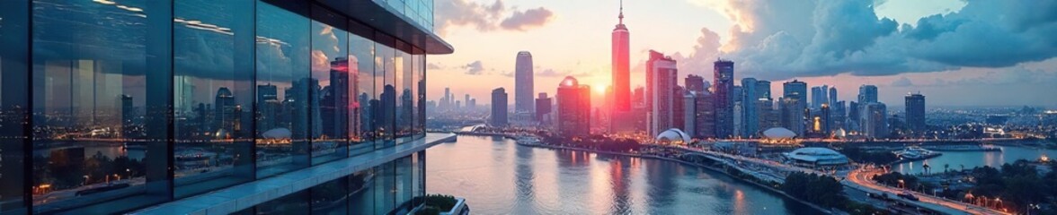 Fototapeta premium A futuristic cityscape skyline reflecting in a sleek, glass-walled building, symbolizing innovative ideas and forward-thinking corporate holdings , modern, global