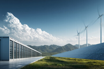 Data center next to solar panels and wind turbines in a mountainous landscape, showcasing sustainable energy solutions for technological infrastructure