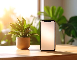 Smartphone on wooden table with plant