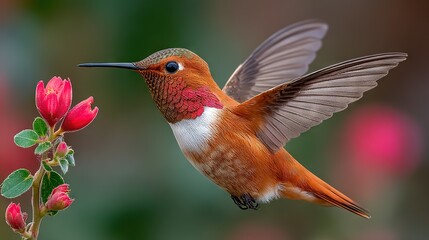 Fototapeta premium A bird with a flower in the foreground and a blurred background