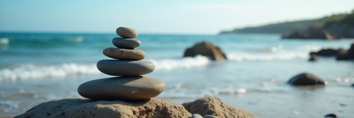 A tranquil stack of stones balanced on a beach, symbolizing peace and harmony, with gentle waves in the background under a clear blue sky.