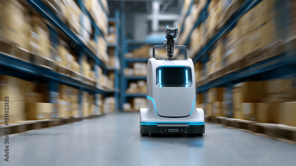 Poster White automated guided vehicle moving in warehouse aisle, surrounded by blurred shelves of boxes, showcasing efficiency in modern logistics and automated warehouse operations