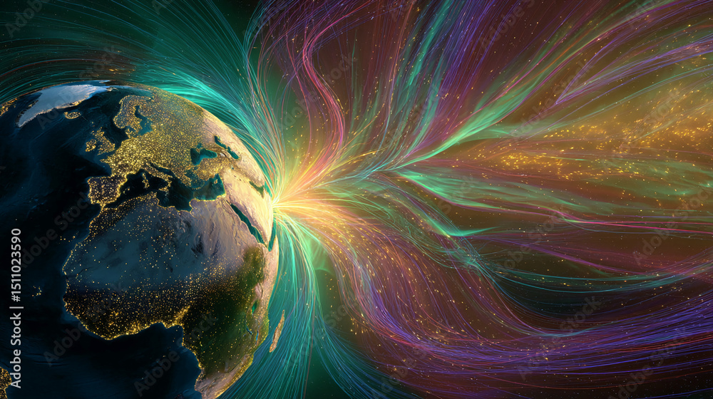 Poster earth glowing with city lights, emanating colorful energy streams symbolizing global connection, com