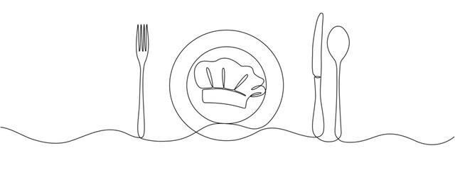 Fork, knife, spoon with plate and chef's cap in one solid line. Single line editable cutlery template for business cards, banners. Symbol of cafe, restaurant. Vector illustration