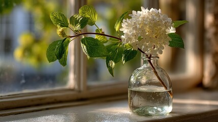   A vase holding water sits atop a window sill alongside a flower-filled sill