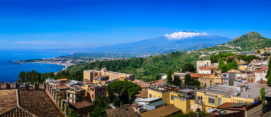 A panoramic view of Taormina and Mount Etna