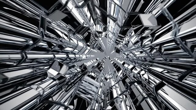 Metallic chrome tunnel with mirrored panels and rotating geometric shapes flying inward, abstract high-end design, stylish motion effect, smooth flight, futuristic concept