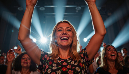 Thrilled woman celebrating at rock concert, joyful excitement
