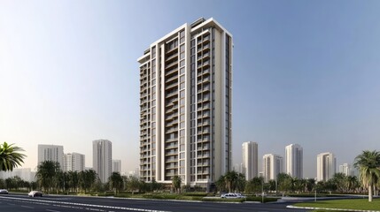 High-rise residential building in a tropical setting