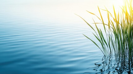 Tranquil water reflects the sun's warm glow as reeds gently sway at the water's edge, evoking a serene atmosphere perfect for peaceful contemplation and relaxation.