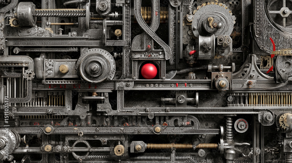 Poster Intricate metallic gears and mechanisms form a complex background, showcasing a single red sphere at its center, symbolizing precision, engineering, or industrial design
