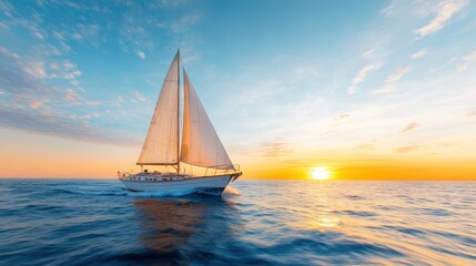 Fototapeta premium An elegant sailboat sails gracefully over calm waters during sunset, reflecting a picturesque scene of adventure, freedom, and tranquility in the open sea.