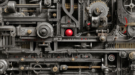 Intricate metallic gears and mechanisms form a complex background, showcasing a single red sphere at its center, symbolizing precision, engineering, or industrial design