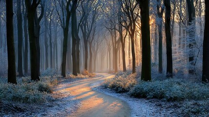 Obraz premium Dirt road amidst snow-covered forest, sun illuminating treetops