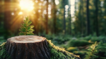A small green sprout rises from a tree stump in a sun-drenched forest, symbolizing resilience, renewal, and the beauty of nature's ability to thrive despite obstacles.