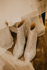 Sparkling Rhinestone Bridal Boots with Wedding Dress Tulle