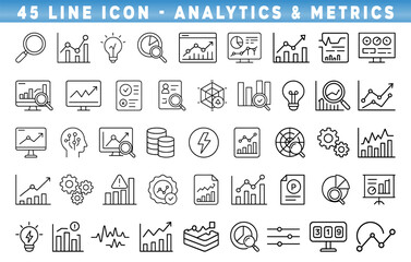 Collection of line icons representing analytics and metrics for data visualization and analysis tasks.Editable stroke.