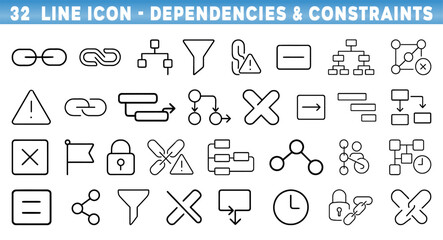 Collection of line icons depicting dependencies and constraints for project management and system design.Editable stroke.
