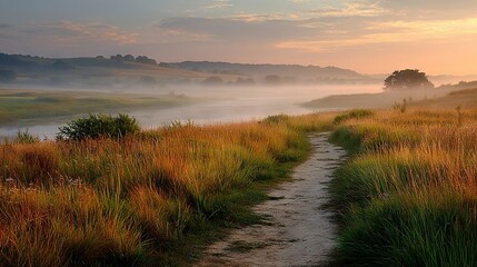   A grassy field path leads to a distant body of water on a foggy day