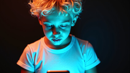 a boy illuminated by the light of a mobile phone in the dark