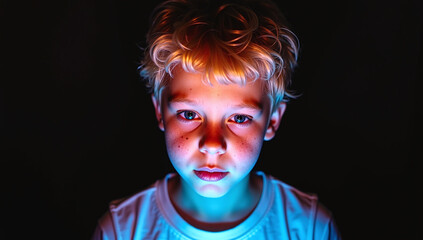 a boy illuminated by the light of a mobile phone in the dark