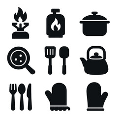 Camping Cookware Icons. Solid, Filled icon set of camping cooking tools: portable stove, fuel canister, cooking pot, frying pan,