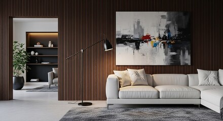 A modern living room featuring a minimalist style with an abstract painting. The space features a stylish couch and a contemporary lamp