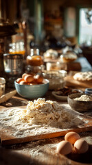 Fototapeta premium Close-up of dough and flour on wooden board, eggs and kitchen utensils blurred in background, sunlight illuminating scene, representing home baking and culinary process
