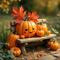 wooden bench garden several small pumpkins scattered around bench light colored wood has rustic design top bench large orange pumpkin face carved into next pumpkin several smaller pumpkins different