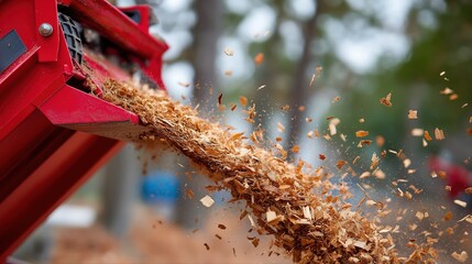 Industrial wood chipper shredding timber in forest setting
