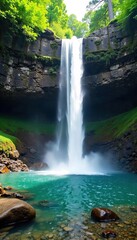 Majestic waterfall cascading down mossy rocks into a pristine pool, sunlight illuminating the spray Perfect for travel, nature, and environmental themes , greenery, river, cliff