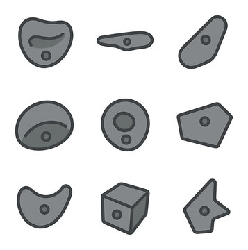 Climbing Hold Icons. Flat icon set of climbing hold types: jug hold, crimp hold, pinch hold, sloper hold, pocket hold, edge hold,