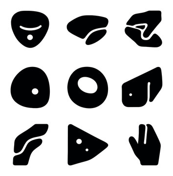 Climbing Hold Icons. Solid, Filled icon set of climbing hold types: jug hold, crimp hold, pinch hold, sloper hold, pocket hold,
