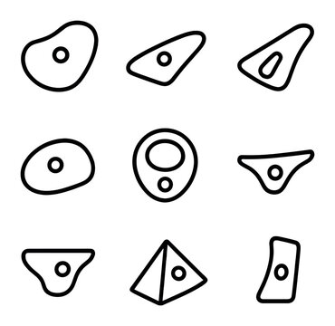 Climbing Holds Icons. Outline icon set of climbing hold types: jug hold, crimp hold, pinch hold, sloper hold, pocket hold, edge