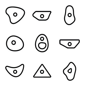 Climbing Holds Icons. Outline icon set of climbing hold types: jug hold, crimp hold, pinch hold, sloper hold, pocket hold, edge