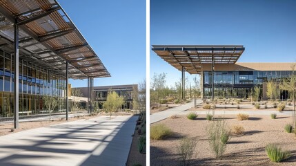 Desert Campus Building with Shade Structures and Landscaping