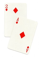 A pair of playing cards in the suit of diamonds isolated on a white background.