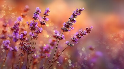   A field of lush green and purple flowers with purple flowers on top, surrounded by a boke of light