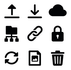 File Sharing Icons. Flat icon set of file sharing services: upload arrow, download arrow, cloud storage, folder tree, link share