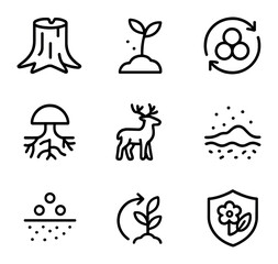 Fototapeta premium Fire Ecology Icons. Outline icon set of fire ecology and forest regeneration: charred tree stump, seedling sprout, nutrient cycle