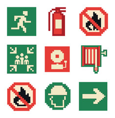 Obraz premium Fire Safety Icons. Pixel art icon set of fire safety signs and symbols: fire exit, fire extinguisher sign, no open flame, fire