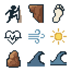 Obraz premium Free Soloing Icons. Pixel art icon set of free soloing imagery: climber silhouette, exposed cliff, chalk footprint, no rope symbol
