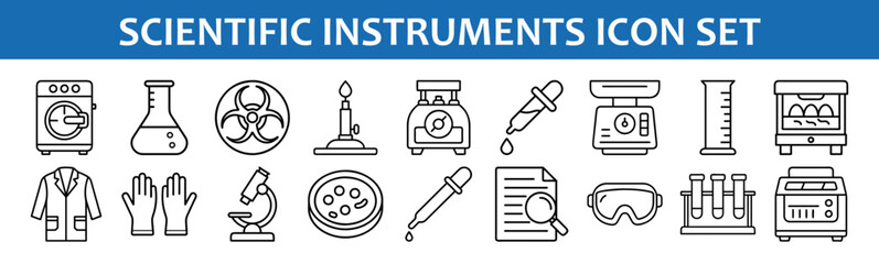 Scientific lab equipment icons set vector illustration research tools and instruments outline style