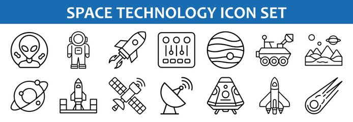 Space exploration technology icon set vector illustration with alien astronaut and spaceship design 90